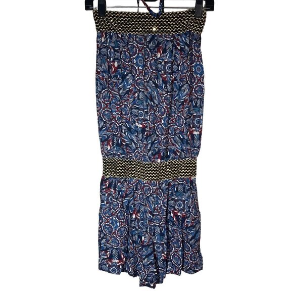 jumpsuit romper shorts tie around neck floral blue elastic waist & top M READ - Picture 1 of 9